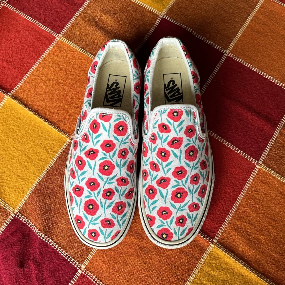 Vans Poppy Floral Canvas Slip On Sneakers Womens 8 Mens 6.5 Red White Green